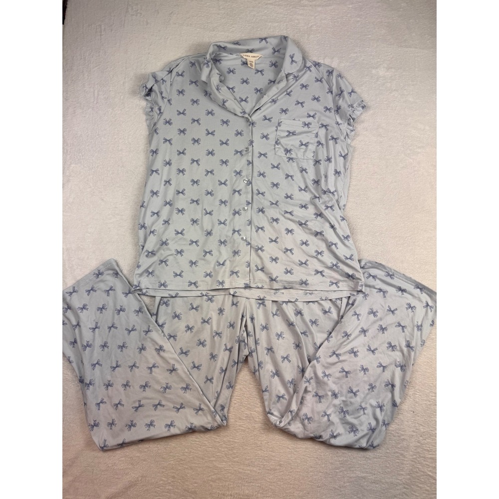 Laura Ashley Blue Bow Print Pajama Set Short Sleeve Top & Pants Large